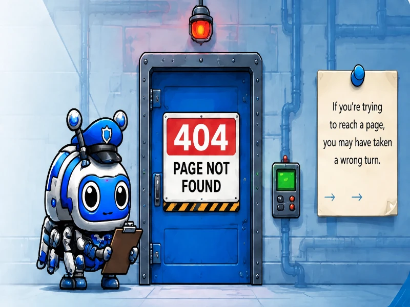 Pixel’N’Code factory guard beside a 404 page not found door