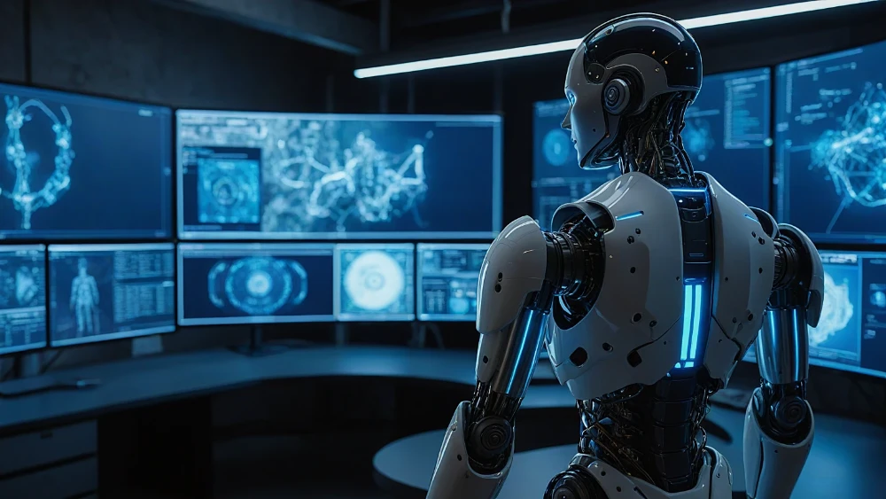 A humanoid AI robot operating inside a blue-lit technology control room