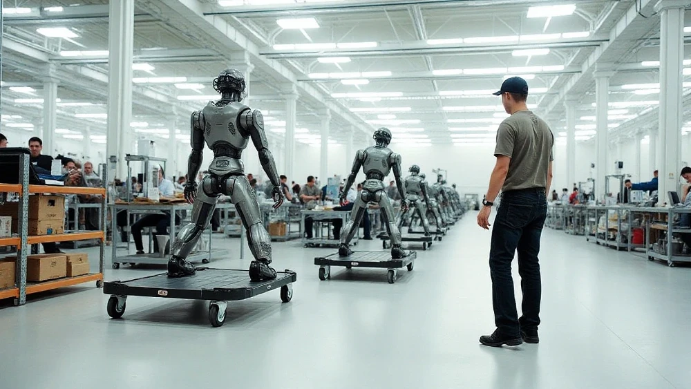 Humanoid robots working beside people on an automotive factory floor