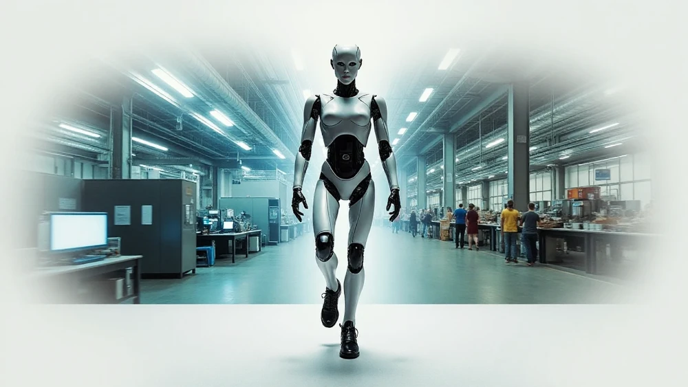 A humanoid robot stepping from a research laboratory into a modern workplace