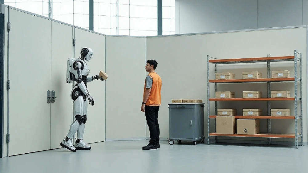A humanoid robot using stairs shelves carts and tools designed for human workers