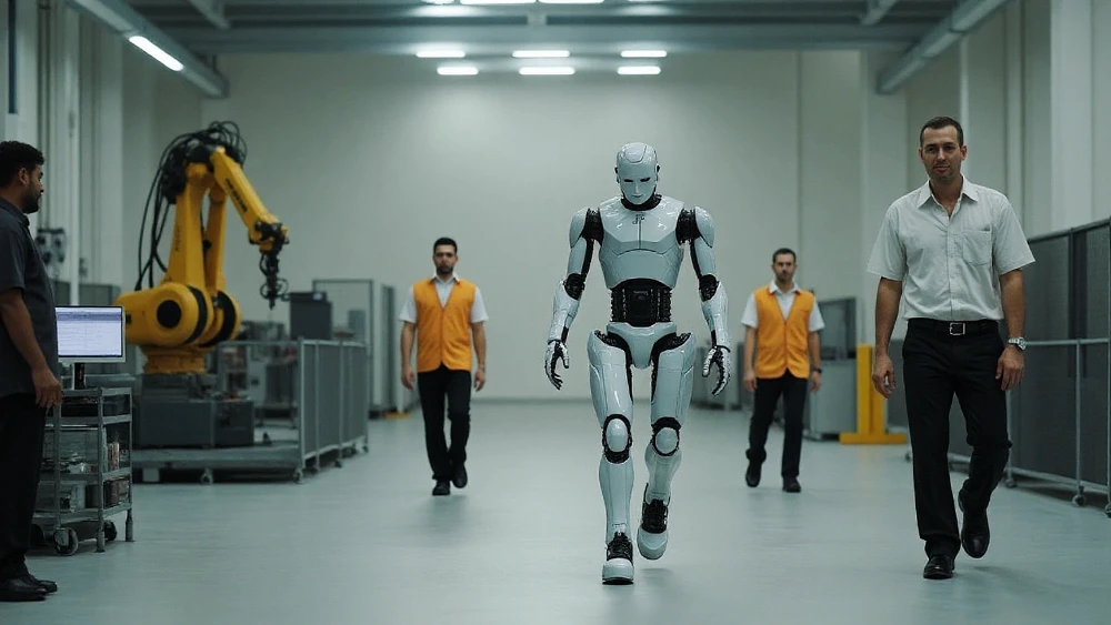 Human worker and humanoid robot sharing a workplace with safety sensors and monitored space