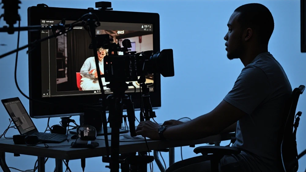 A filmmaker using clearly labeled digital characters in a creative studio