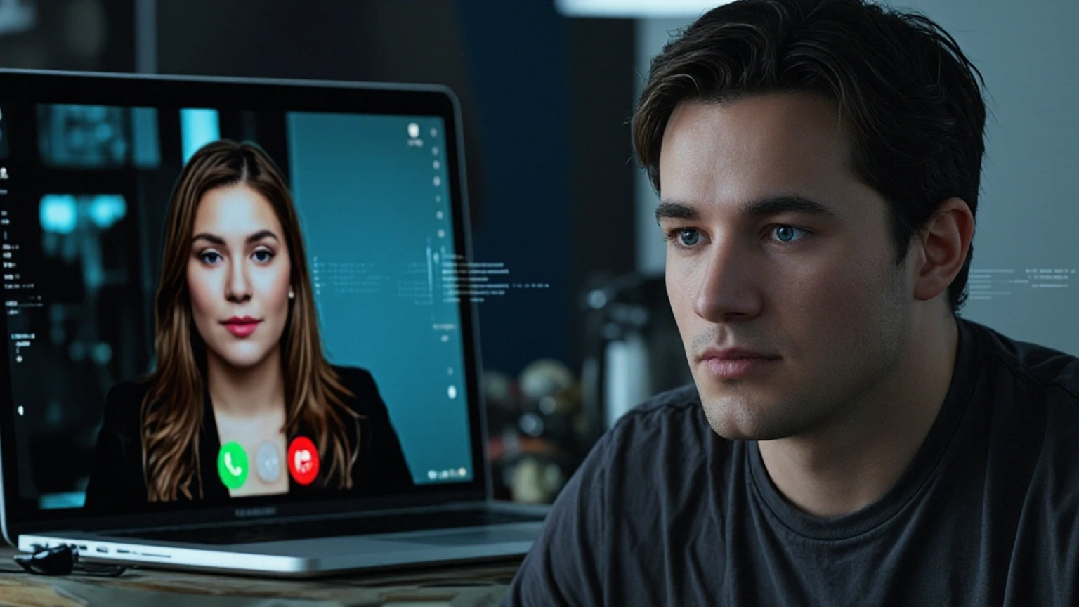 A digital double appearing on a video call beside a real person