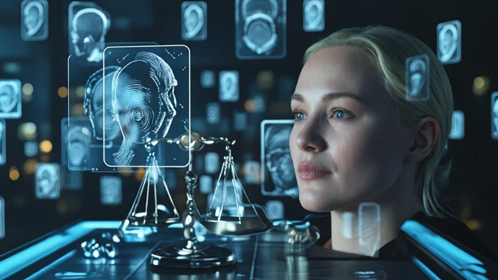 A portrait silhouette surrounded by legal and biometric identity symbols