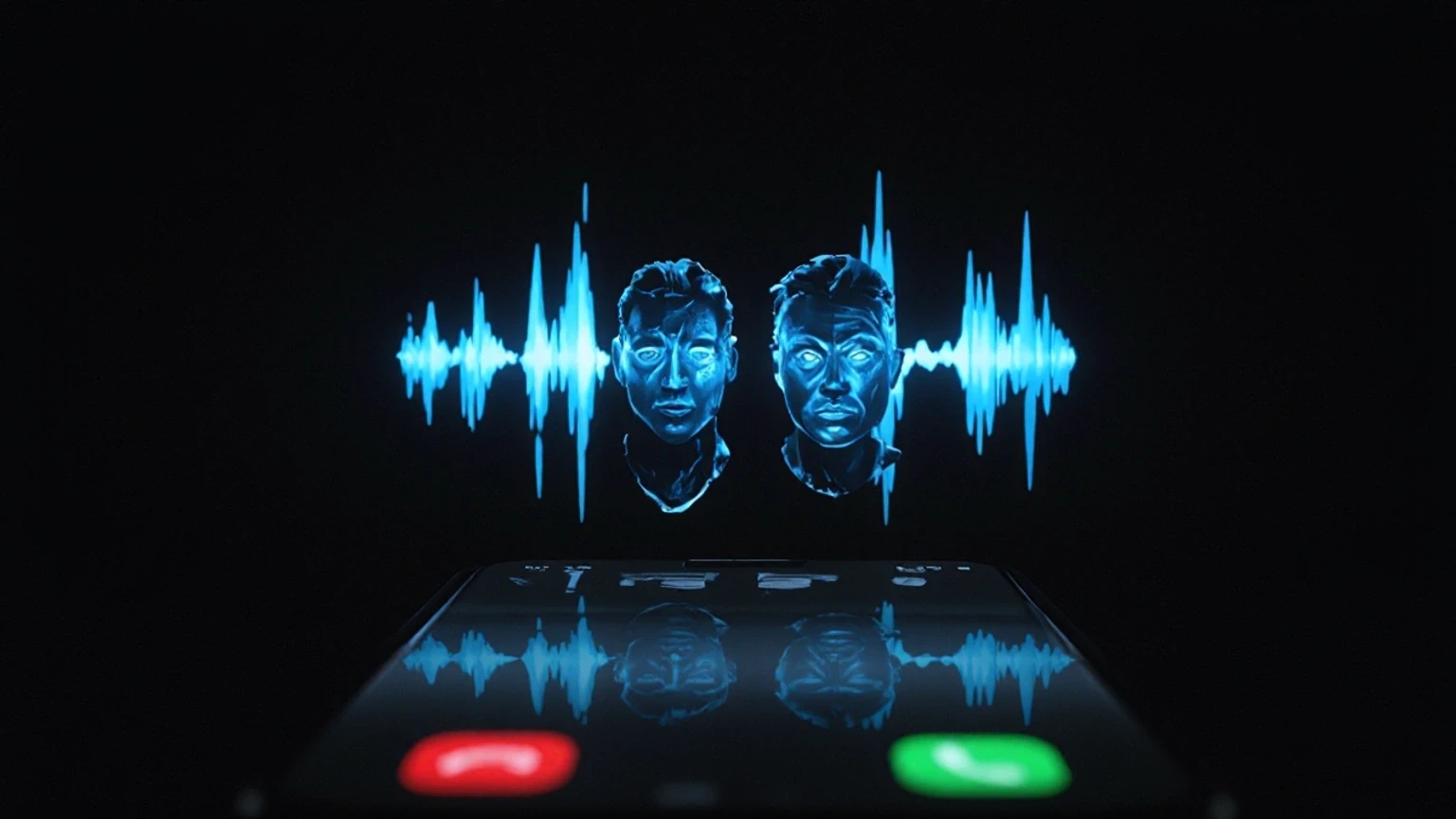 A phone call represented by overlapping human and synthetic voice waveforms
