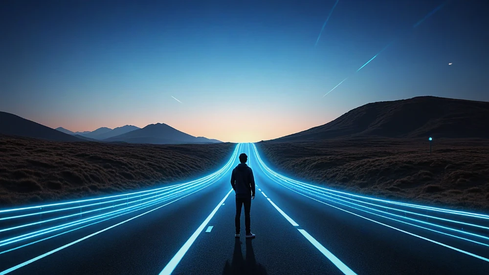 A person standing on a glowing digital road that divides into different paths