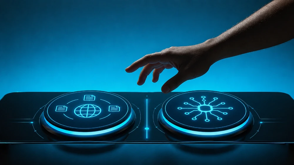 A balanced control panel allowing a user to switch between classic web search and optional AI assistance