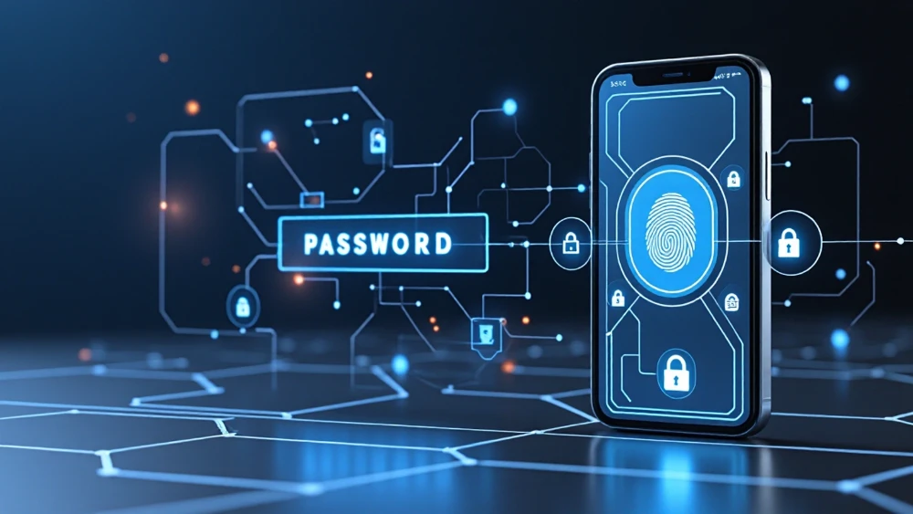 A secure smartphone with fingerprint authentication beside a fading password interface