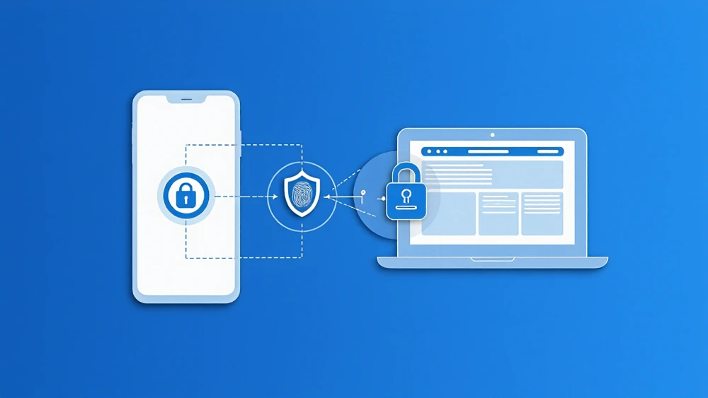 A diagram showing a device holding a private key while a website stores only the matching public key