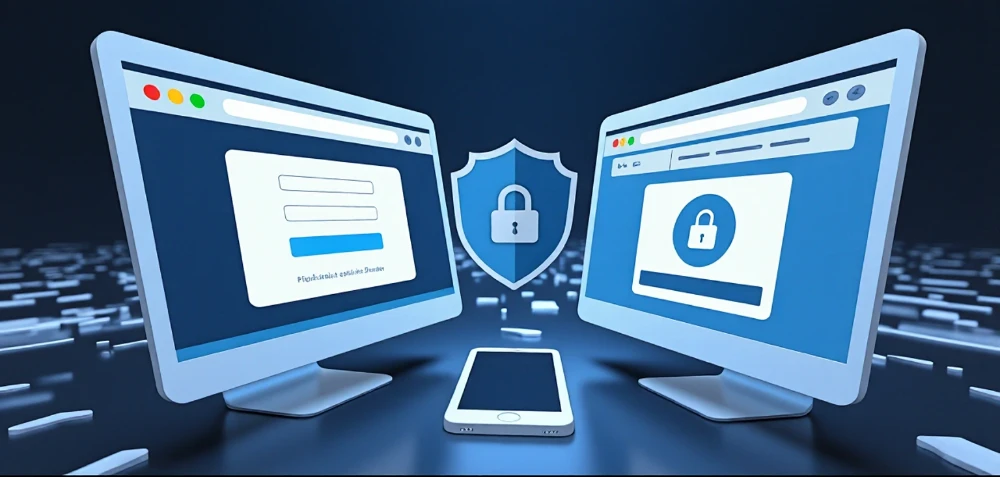 A fake phishing login page being blocked while a legitimate passkey sign-in remains connected to the correct website
