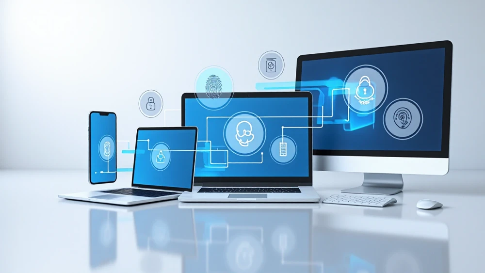Several devices showing passwordless sign-in prompts using fingerprints, face recognition, and device PINs