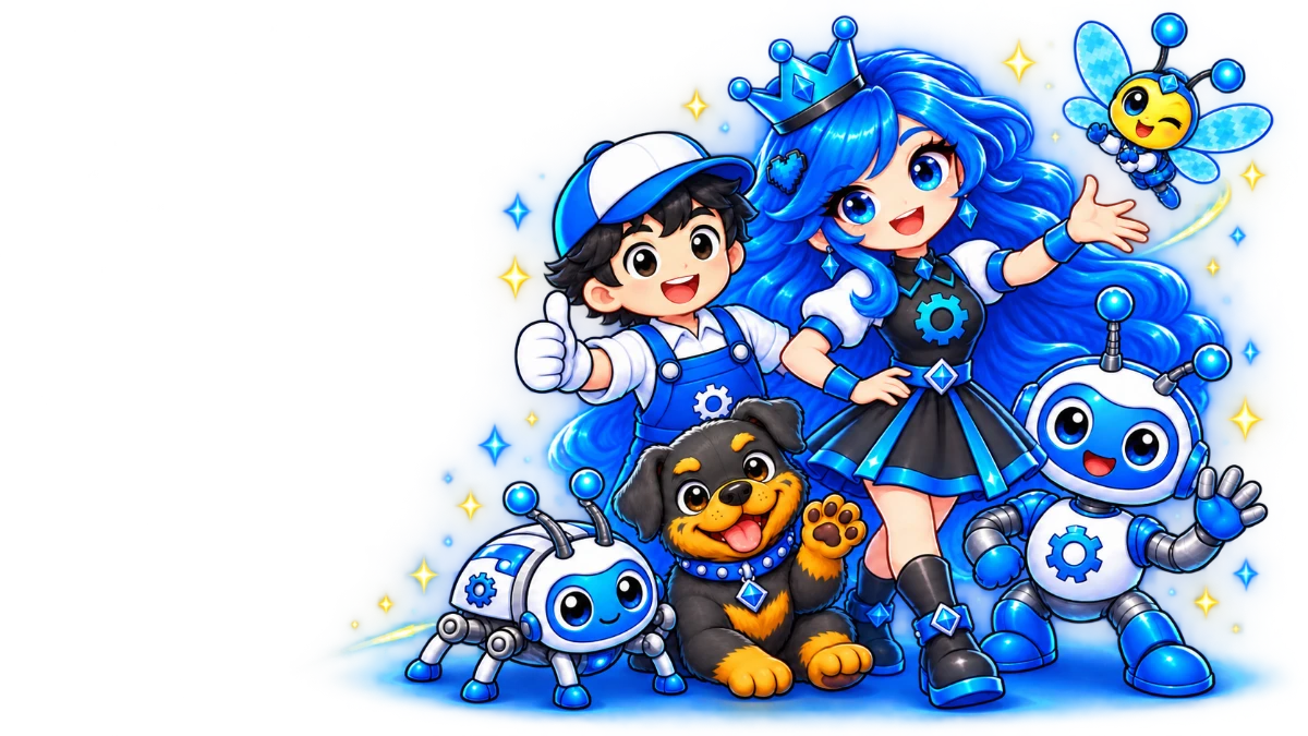 Queen Nila, Factory Finn, Sprocket, Bugsy, Busy Betty, and Gearbo together as the Pixel’N’Code Factory cast