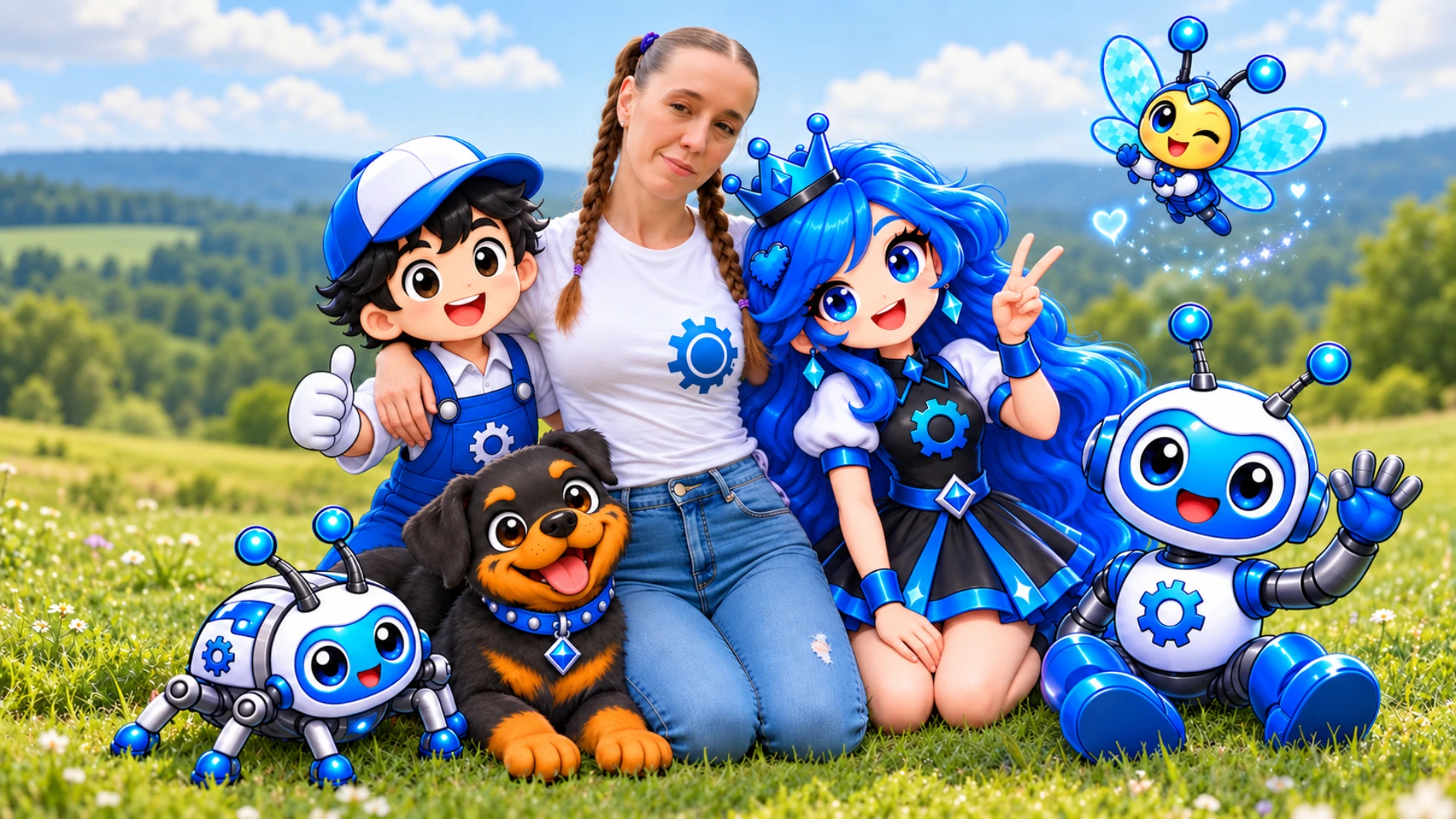 Pixel’N’Code developer with Factory Finn, Queen Nila, Sprocket, Bugsy, Busy Betty, and Gearbo