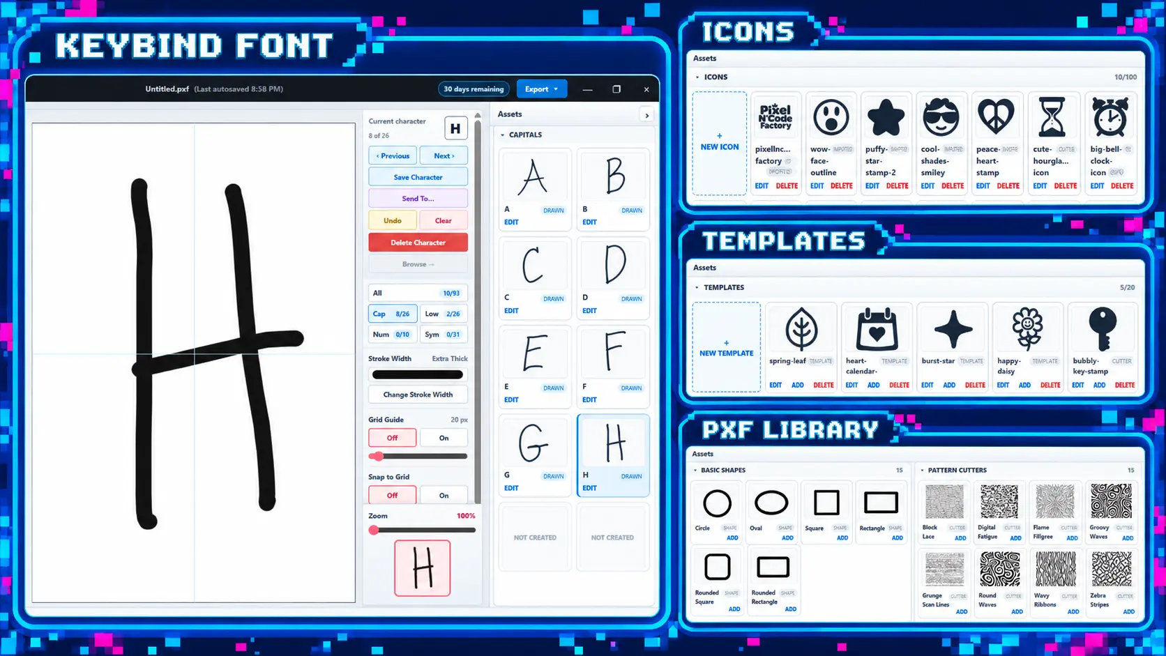 PXF Studio Characters, Icons, and Templates panels