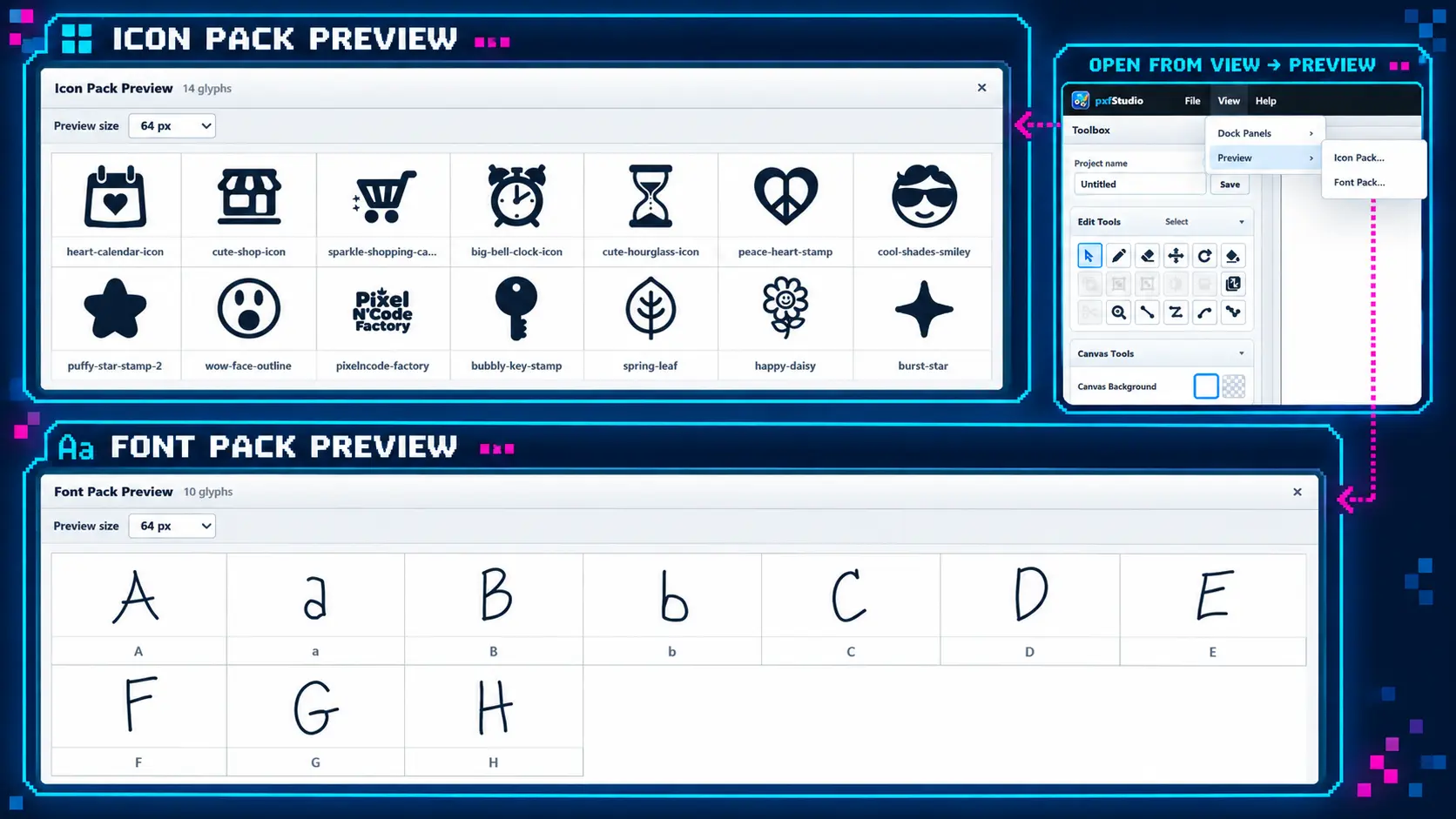 PXF Studio live icon and font pack preview