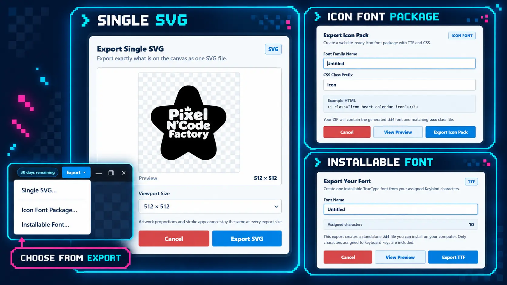 PXF Studio SVG and font export options