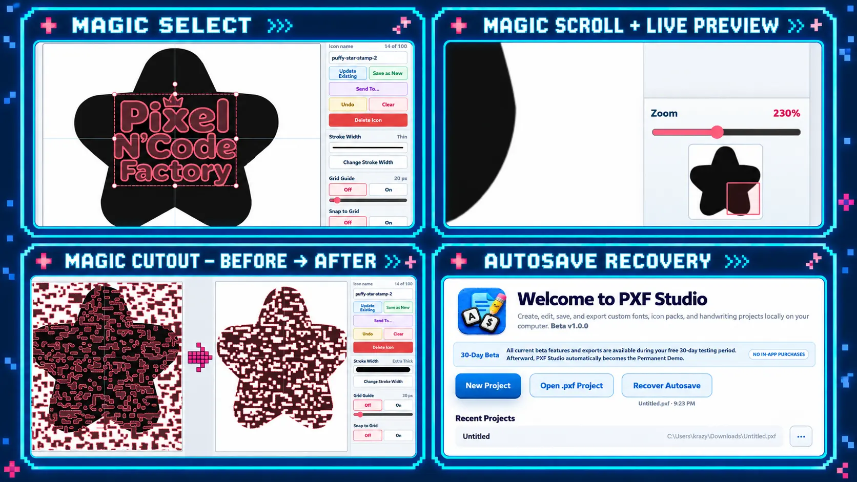PXF Studio Magic tools, autosave recovery, and live preview